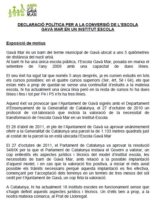 Declaraci�n pol�tica del Pleno del Ayuntamiento de Gav� para la conversi� de la Escuela Gav� Mar en un Instituto-Escuela (21 Marzo 2013)